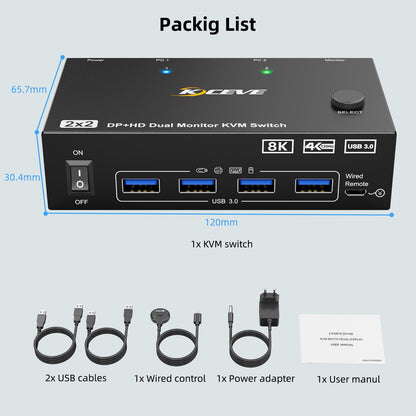 KVM Switch 2 Monitore 2 PC 8K, Displayport + HDMI USB 3.0 KVM Umschalter für zwei Monitore, Unterstützt 8K@60Hz, 4K@120Hz für 2 Computer, die Tastatur, Maus und Monitor teilen