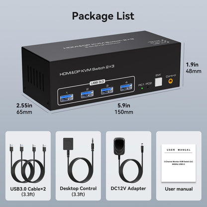 TJCXELE KVM Switch 2 PC 3 Monitore HDMI + 2 DisplayPort 8K60Hz, USB 3.0 KVM Switches for 2 PC Sharing 3 Monitors And 4 USB Devices Supports Extended & Copy Mode with 12V Adapter And Desktop Controller