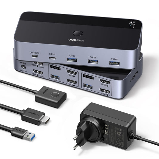UGREEN HDMI KVM Switch 2 PC 2 Monitore 4K60Hz Tastatur und Desktop-Controller Umschaltung 4 USB 3.0 Ports Kompatibel mit Windows/Linux/MacOS usw.