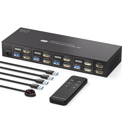 PVBCTCSID KVM Switch 4 PC 2 Monitore 4K60Hz HDMI KVM Switch 4 Port USB Umschalter 4 In 2 Out für 4 PC Dual Monitor Und USB3.0-Geräte Mit Vier USB3.0-Kabeln Und IR-Fernbedienung