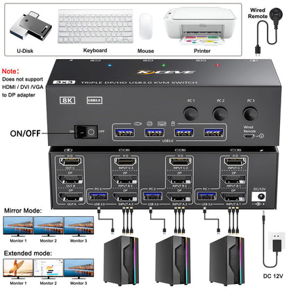 YOUTINGHDAV KVM Switch 3 PC 3 Monitore 8K@60Hz, 4K@144Hz, USB 3.0 KVM Switch Triple Monitor 2 Displayport 1.4 + HDMI 2.1 für 3 PC Teilen Maus, Tastatur mit Wired Remote