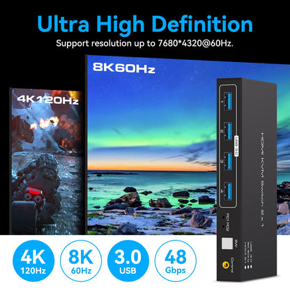 VPFET 4K120Hz HDMI USB 3.0 KVM Switch 2 PC 1 Monitore 8K60Hz KVM Switches für 2 Computer teilen sich 1 Satz Maus Unterstützt Desktop Steuerung Enthält 2 USB 3.0 Kabel und Netzteile