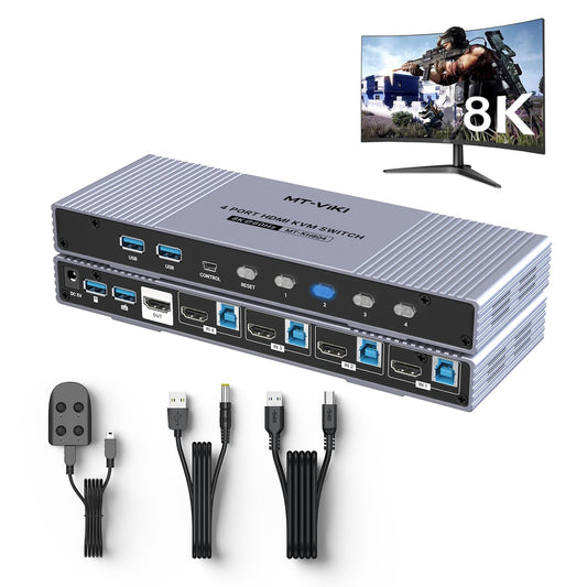 MT-VIKI 8K60Hz HDMI KVM Switch 4 Port 4 PC 1 Monitor Unterstützt eine Tastatur Maus mit 4* USB 3.0 4K@120/144Hz 2K@165Hz 1080P@240Hz HDMI 2.1& HDCP 2.3