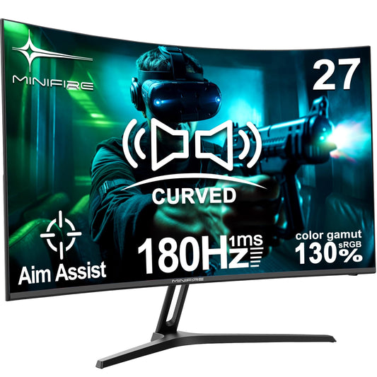 Minifire 27 Zoll Gaming Monitor, 180Hz, Curved Gaming Monitor, Lautsprecher, 1500R, 1Ms, sRGB130%, FHD 1080P Computer Bildschirm, VESA kompatibel, Eye Care Adaptive Sync HDMI＆DP Prots（MFG27C1 ）