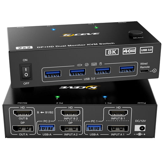 KVM Switch 2 Monitore 2 PC 8K, Displayport + HDMI USB 3.0 KVM Umschalter für zwei Monitore, Unterstützt 8K@60Hz, 4K@120Hz für 2 Computer, die Tastatur, Maus und Monitor teilen