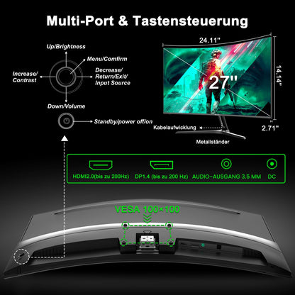 Minifire Gaming Curved Monitor 27 Zoll MFG27C1 200Hz 1Ms 130% sRGB Monitor mit Sprecher 1920 * 1080 VA Panel （MFG27C1 mit HDMI-Kabel）