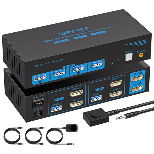AILVLVNG 4K 120Hz HDMI KVM Switch 2 PC 2 Monitor 8K 60Hz USB 3.0 Commutateur KVM pour 2 Ordinateurs pour Oartager Deux Moniteurs et 4 Périphériques USB Tels que Claviers, Souris