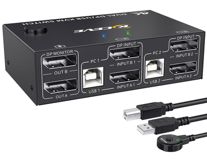 YOUTINGHDAV KVM Switch 2 PC 2 Monitore Displayport 1.4, USB KVM Switch Dual Monitor Displayport 4K@144Hz für 2 PC Teilen 4 USB Geräte Tastatur, Maus, mit Wired Remote und Kabels