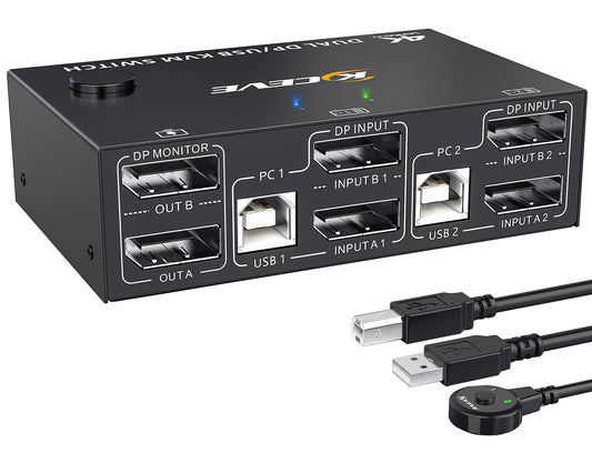 YOUTINGHDAV KVM Switch 2 PC 2 Monitore Displayport 1.4, USB KVM Switch Dual Monitor Displayport 4K@144Hz für 2 PC Teilen 4 USB Geräte Tastatur, Maus, mit Wired Remote und Kabels