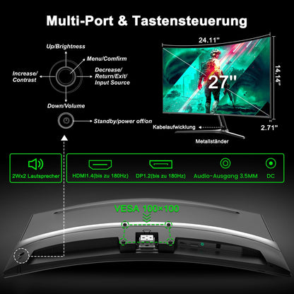 Minifire 27 Zoll Gaming Monitor, 180Hz, Curved Gaming Monitor, Lautsprecher, 1500R, 1Ms, sRGB130%, FHD 1080P Computer Bildschirm, VESA kompatibel, Eye Care Adaptive Sync HDMI＆DP Prots（MFG27C1 ）