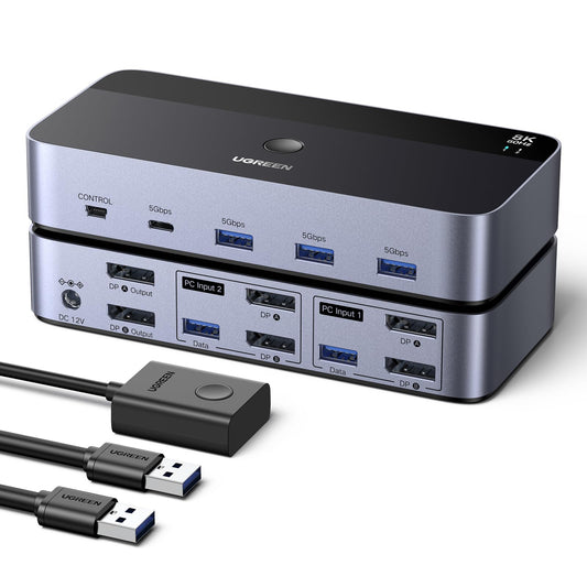 UGREEN Displayport KVM Switch 2 PC 2 Monitore 8K60Hz KVM Umschalter mit 4 USB 3.0 Ports Tastatur und Desktop-Controller Umschaltung Kompatibel mit Windows/Linux/MacOS usw.