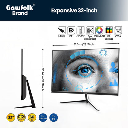Gawfolk 32 Zoll Monitor 4K (3840 * 2160) UHD PC Gaming Monitor, VA Panel, HDR, HDMI/DP, 60Hz, schmaler Rand, 100x100mm VESA, 16:9, Black