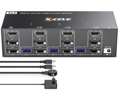 YOUTINGHDAV KVM Switch 3 PC 3 Monitore 8K@60Hz, 4K@144Hz, USB 3.0 KVM Switch Triple Monitor 2 Displayport 1.4 + HDMI 2.1 für 3 PC Teilen Maus, Tastatur mit Wired Remote