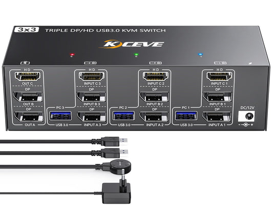 YOUTINGHDAV KVM Switch 3 PC 3 Monitore 8K@60Hz, 4K@144Hz, USB 3.0 KVM Switch Triple Monitor 2 Displayport 1.4 + HDMI 2.1 für 3 PC Teilen Maus, Tastatur mit Wired Remote