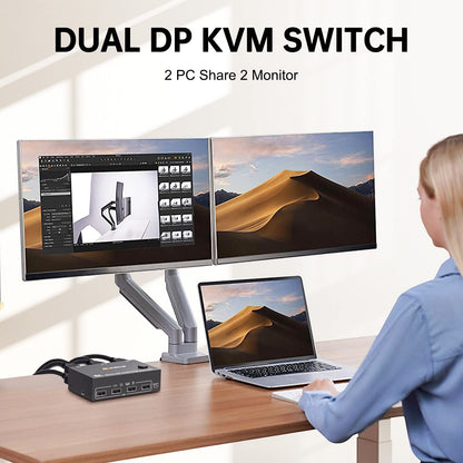 YOUTINGHDAV KVM Switch 2 PC 2 Monitore Displayport 1.4, USB KVM Switch Dual Monitor Displayport 4K@144Hz für 2 PC Teilen 4 USB Geräte Tastatur, Maus, mit Wired Remote und Kabels