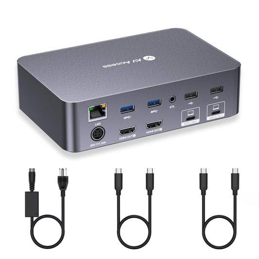 AV Access Docking Station KVM Switch 2 Monitors 2 Laptops, 4K KVM Dual Monitor, 2 USB-C MST Ports, 60W PD for Each PC, 1G Ethernet, EDID Emulation, 2K@144Hz,1080P@240Hz, Ideal for Home Office & Gaming