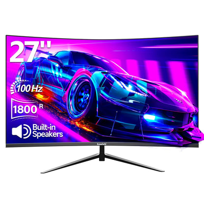 Gawfolk Curved Monitor 27 Zoll 100Hz, PC Bildschirm mit Lautsprecher 1080P, 1800R 75Hz Computerbildschirm mit Eye Care Technologie HDMI DP, unterstützt VESA