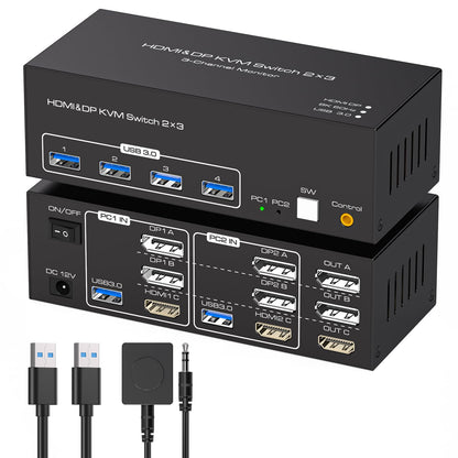 TJCXELE KVM Switch 2 PC 3 Monitore HDMI + 2 DisplayPort 8K60Hz, USB 3.0 KVM Switches for 2 PC Sharing 3 Monitors And 4 USB Devices Supports Extended & Copy Mode with 12V Adapter And Desktop Controller