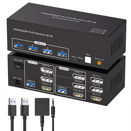 TJCXELE KVM Switch 2 PC 3 Monitore HDMI + 2 DisplayPort 8K60Hz, USB 3.0 KVM Switches for 2 PC Sharing 3 Monitors And 4 USB Devices Supports Extended & Copy Mode with 12V Adapter And Desktop Controller