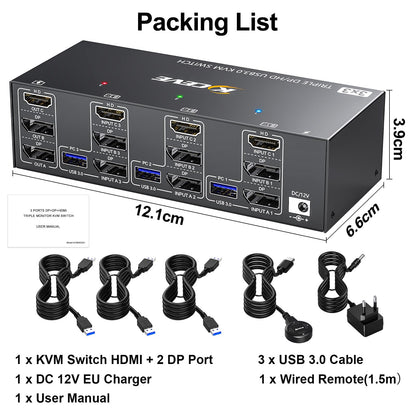 YOUTINGHDAV KVM Switch 3 PC 3 Monitore 8K@60Hz, 4K@144Hz, USB 3.0 KVM Switch Triple Monitor 2 Displayport 1.4 + HDMI 2.1 für 3 PC Teilen Maus, Tastatur mit Wired Remote