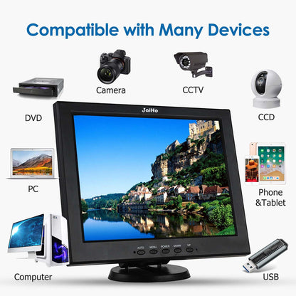 JaiHo 12 Zoll CCTV Monitor Audio Video Display, 4:3 Kleiner PC Bildschirm mit HDMI/VGA/BNC/AV/USB LCD Monitore für House Überwachungs Kamera PC DVD DVR Raspberry Pi, 800x600