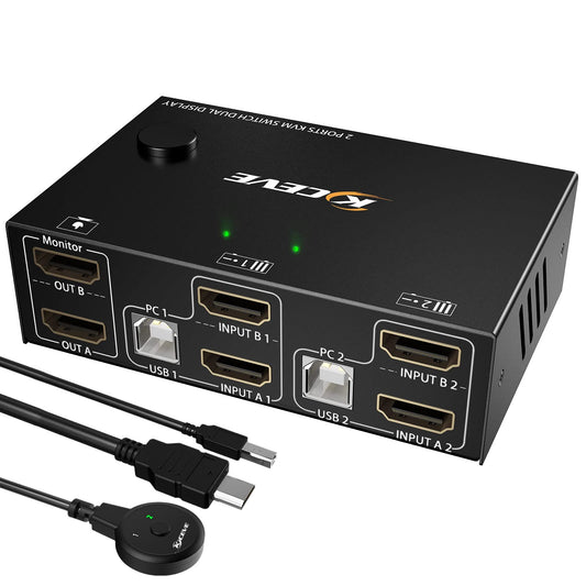 Dual Monitor KVM Switch HDMI 2 Port 4K@30Hz, MLEEDA KVM Switch 2 Monitore für 2 Computer teilen sich 2 Monitore und 4 USB 2.0 Hub, Desktop Controller und USB HDMI Kabel im Lieferumfang enthalten