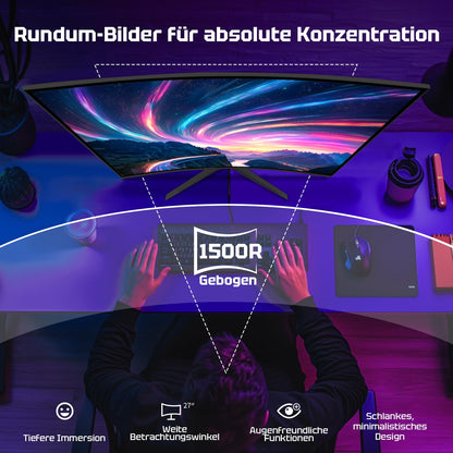 Amzfast Curved Gaming Monitor 27 Zoll, 240Hz(DP), FHD(1920x1080), sRGB 130%, DCI-P3 98%, VA Panel 1500R, 1ms GtG, Adaptive Sync, Eye-Care, VESA 100x100, HDMI 2.0/DP 1.4 mit DP-Kabel - AMZG27C1 Pro