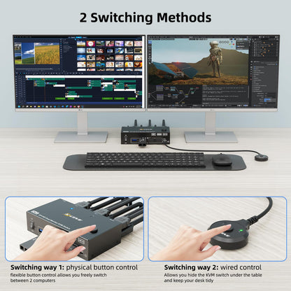 KVM Switch 2 Monitore 2 PC 8K, Displayport + HDMI USB 3.0 KVM Umschalter für zwei Monitore, Unterstützt 8K@60Hz, 4K@120Hz für 2 Computer, die Tastatur, Maus und Monitor teilen