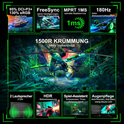 Minifire 27 Zoll Gaming Monitor, 180Hz, Curved Gaming Monitor, Lautsprecher, 1500R, 1Ms, sRGB130%, FHD 1080P Computer Bildschirm, VESA kompatibel, Eye Care Adaptive Sync HDMI＆DP Prots（MFG27C1 ）