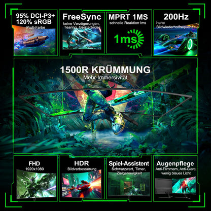Minifire Gaming Curved Monitor 27 Zoll MFG27C1 200Hz 1Ms 130% sRGB Monitor mit Sprecher 1920 * 1080 VA Panel （MFG27C1 mit HDMI-Kabel）
